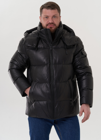 Пуховик из натуральной кожи с капюшоном