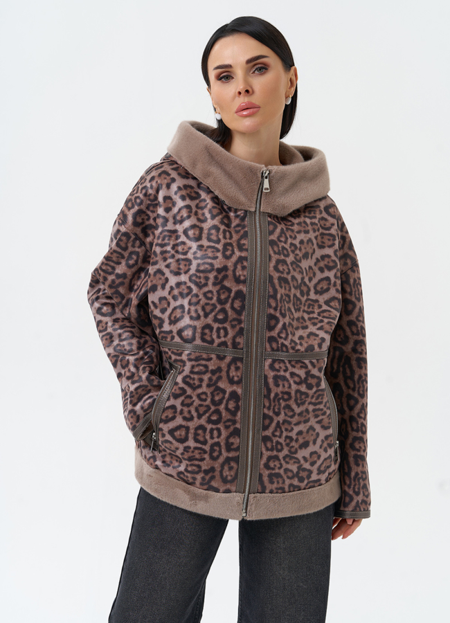 Женская дубленка из эко замши с капюшоном модель № 30208 меха малина