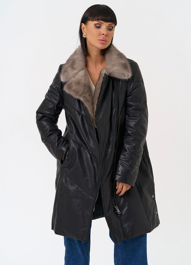 Пуховик из натуральной кожи с воротником из меха норки модель № 31566 универмаг малина