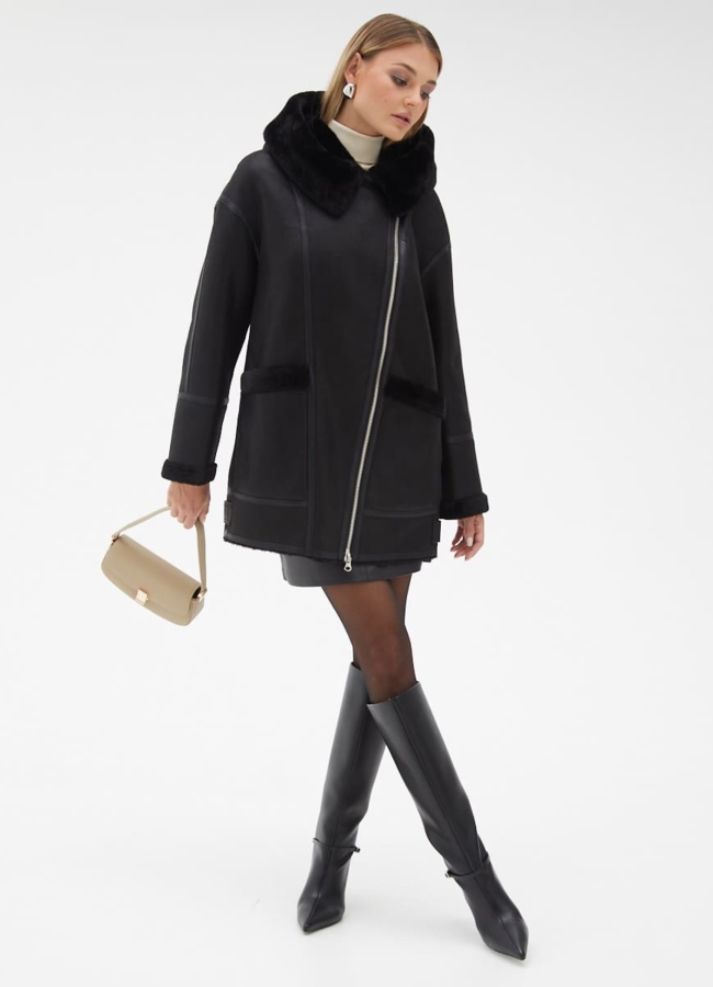 Женская удлиненная дубленка из эко кожи модель № 32022 в кредит