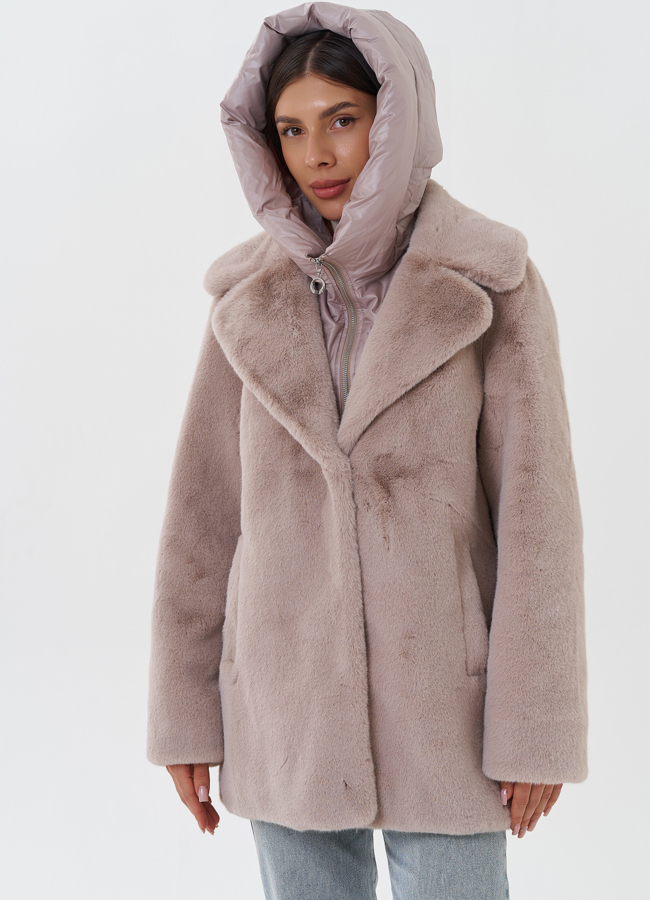 Женский пуховик из эко меха с манишкой модель № 27747 универмаг малина