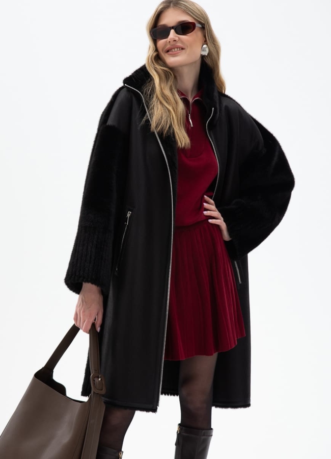 Женская двухсторонняя дубленка из эко кожи с воротником стойкой модель № 32027 универмаг малина