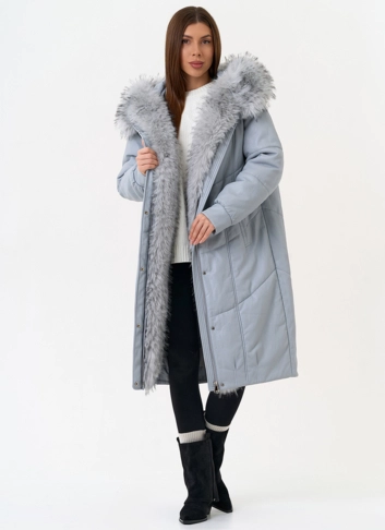 Женский пуховик из эко кожи с отделкой из эко меха