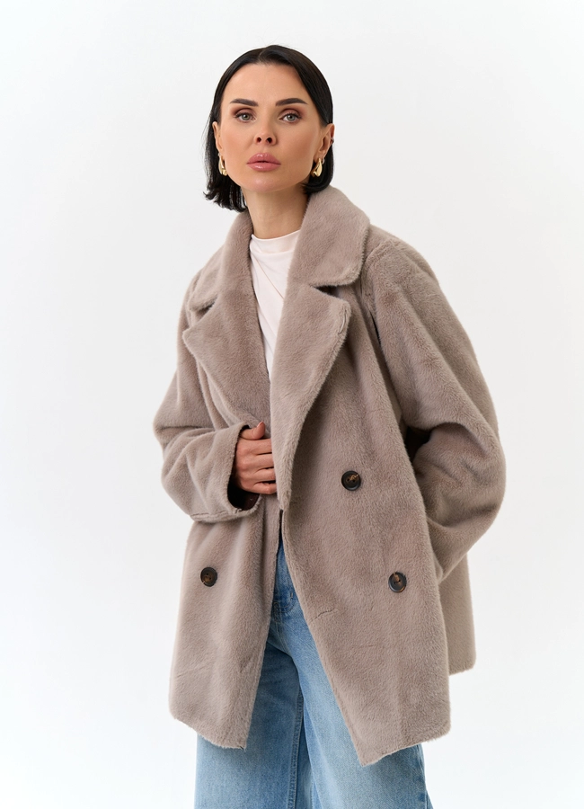 Женская двухсторонняя дубленка из эко замши модель № 32790 универмаг малина