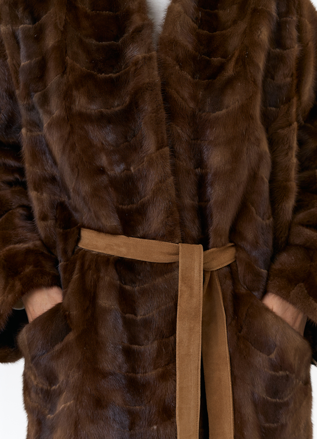 Шуба из меха норки с поясом модель № 31184 универмаг малина