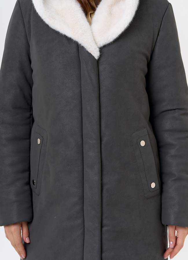 Пуховик из эко кожи с капюшоном из эко меха модель № 27733 универмаг малина