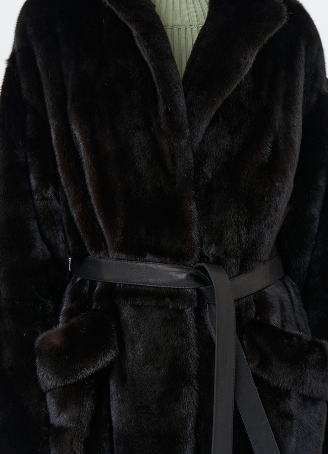 Длинная шуба из меха норки blackglama с поясом модель № 31636 универмаг малина
