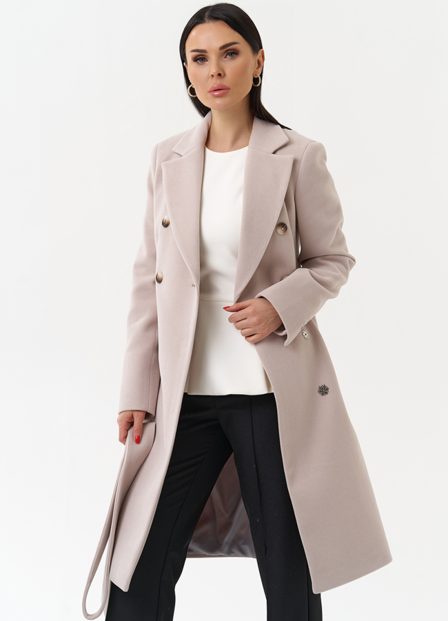 Женское двубортное пальто с поясом модель № 29893 меха малина