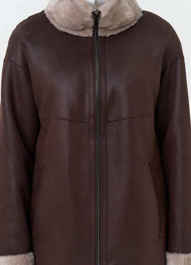 Женская дубленка из эко замши модель № 33894 универмаг малина