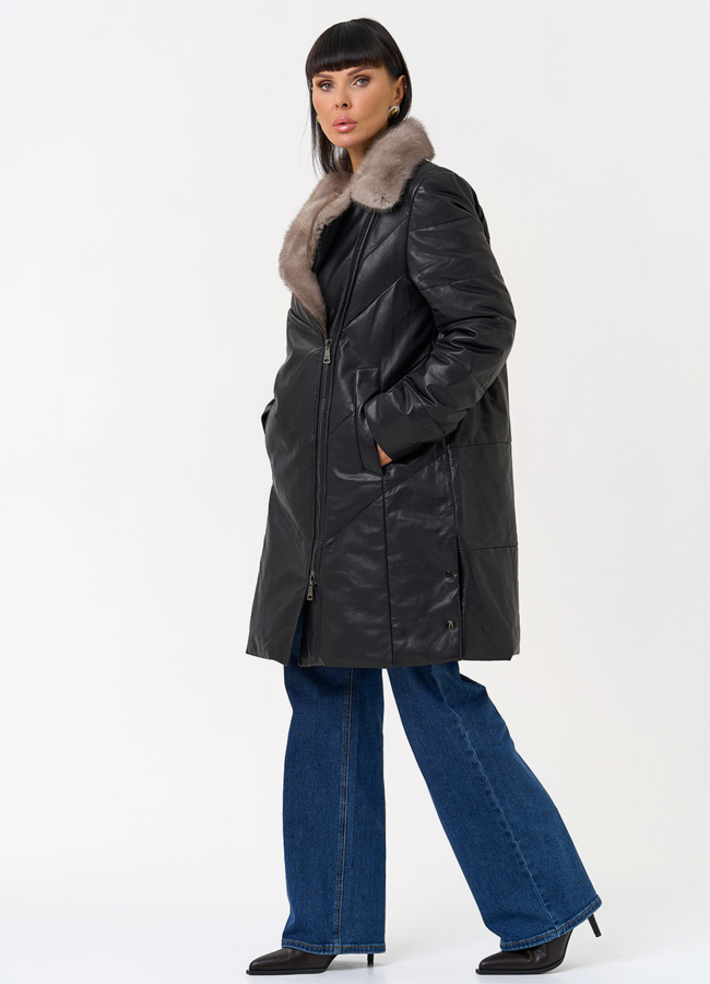 Пуховик из натуральной кожи с воротником из меха норки модель № 31566 универмаг малина