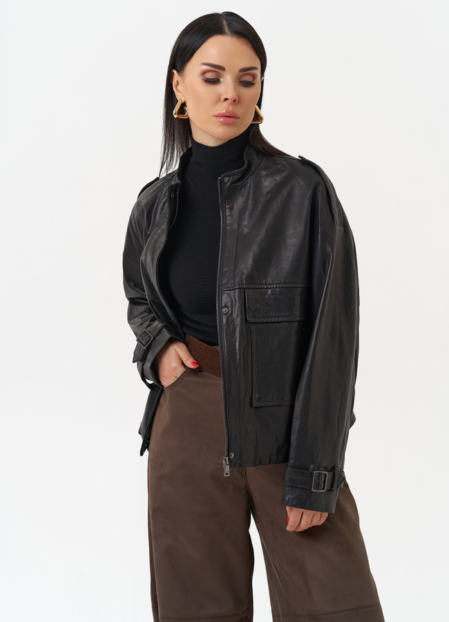 Женская куртка-рубашка из натуральной кожи  прямого силуэта модель № 22338 универмаг малина