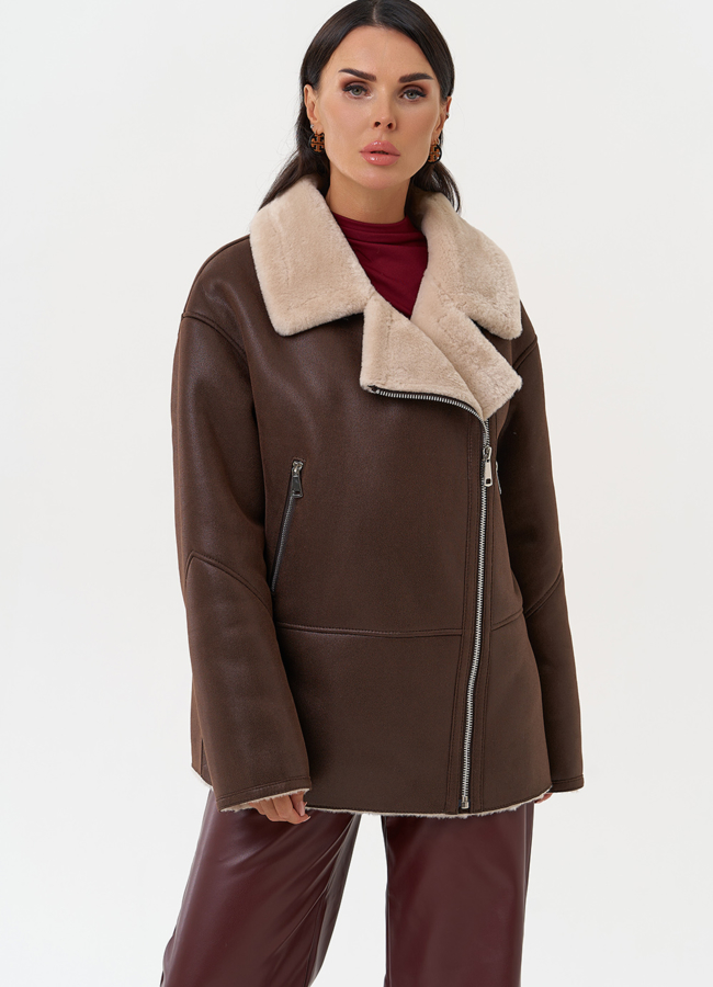 Женская дубленка из эко замши с воротником модель № 31285 меха малина