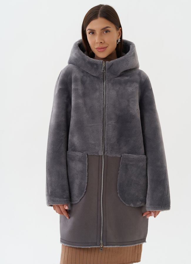 Двухсторонняя эко дубленка с капюшоном модель № 27764 в кредит