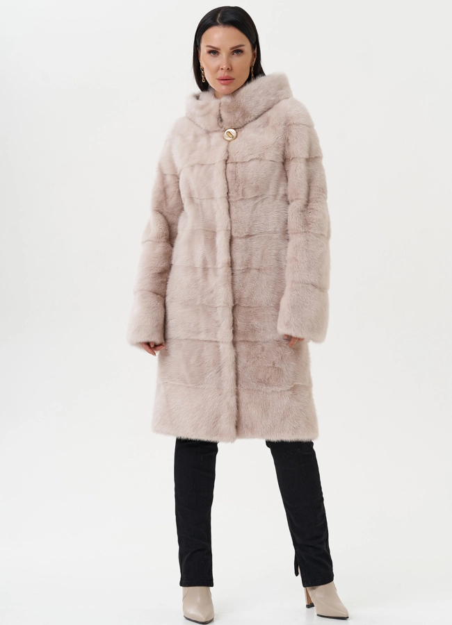 фото Светлая норковая шуба с капюшоном модель № 24955