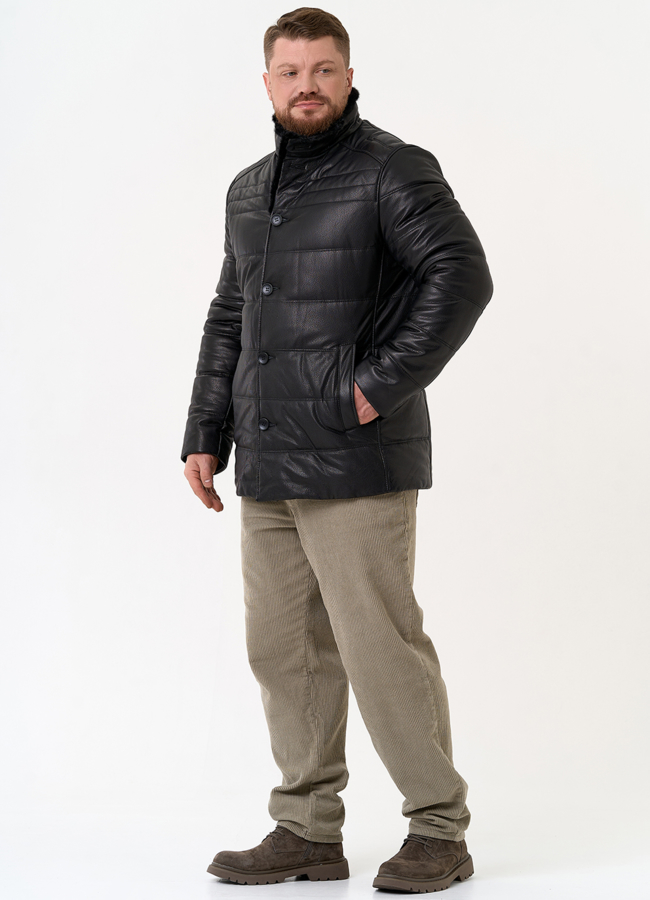 Пуховик из натуральной кожи с воротником стойкой модель № 26053 в кредит