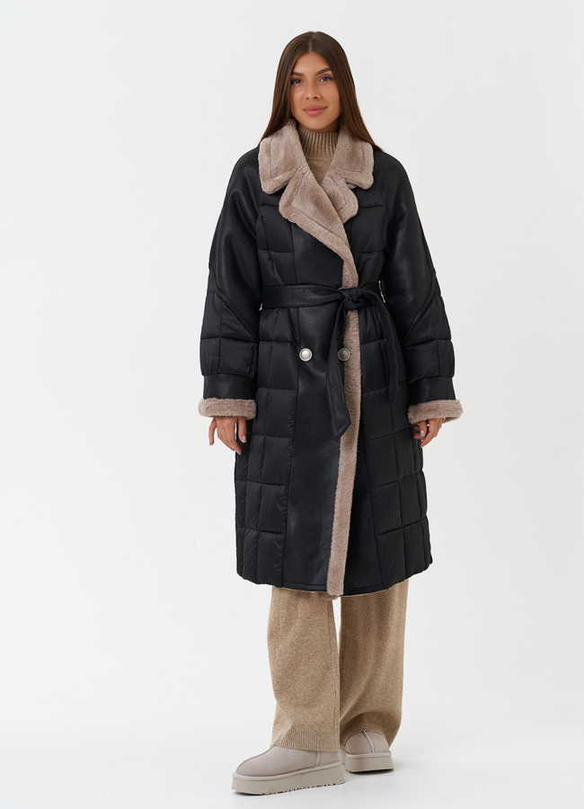 фото Комбинированный пуховик из эко кожи модель № 27736