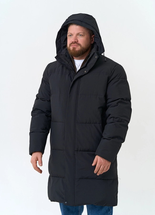 Удлиненный мужской пуховик с капюшоном модель № 34077 в кредит фото