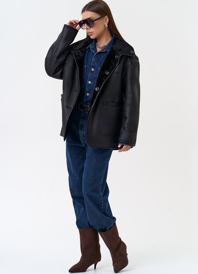 Женская двухсторонняя дубленка из эко замши в черном цвете модель № 31286 универмаг малина